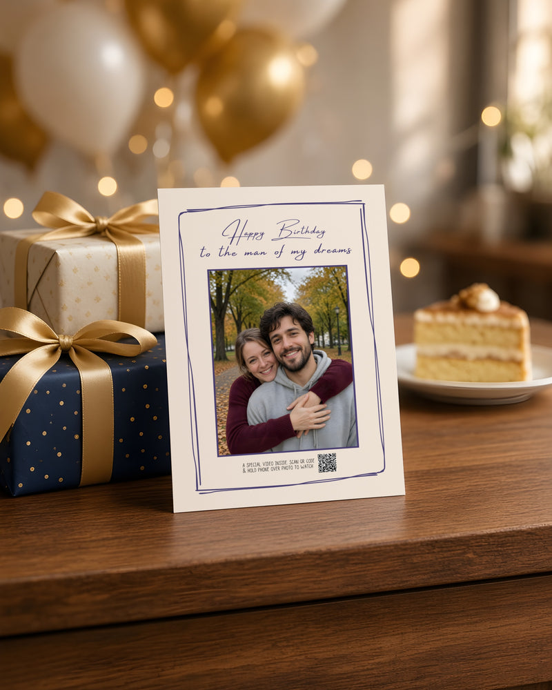 The Birthday Classic Card with a couple's photo, standing beside gold-ribbon gifts and birthday balloons