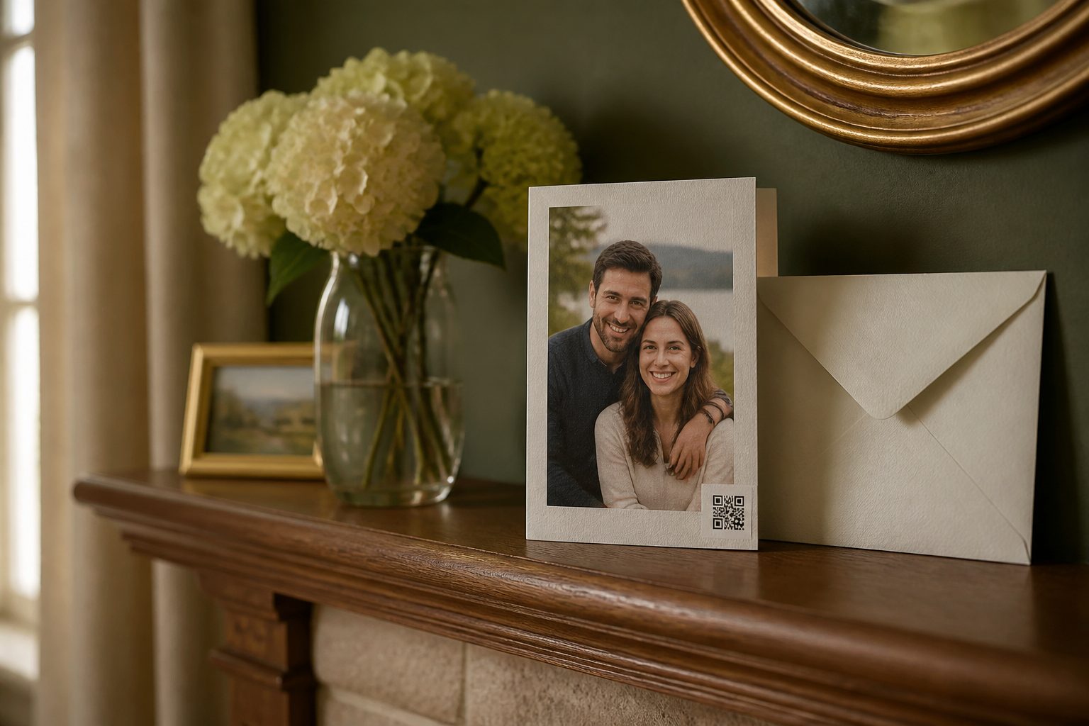 A finished Closer card standing on a mantel beside its matching envelope