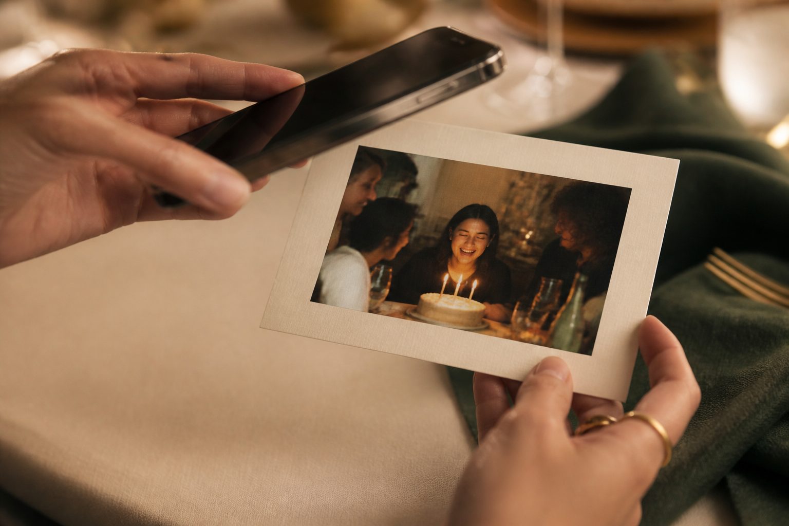 A phone held over a printed photo card
