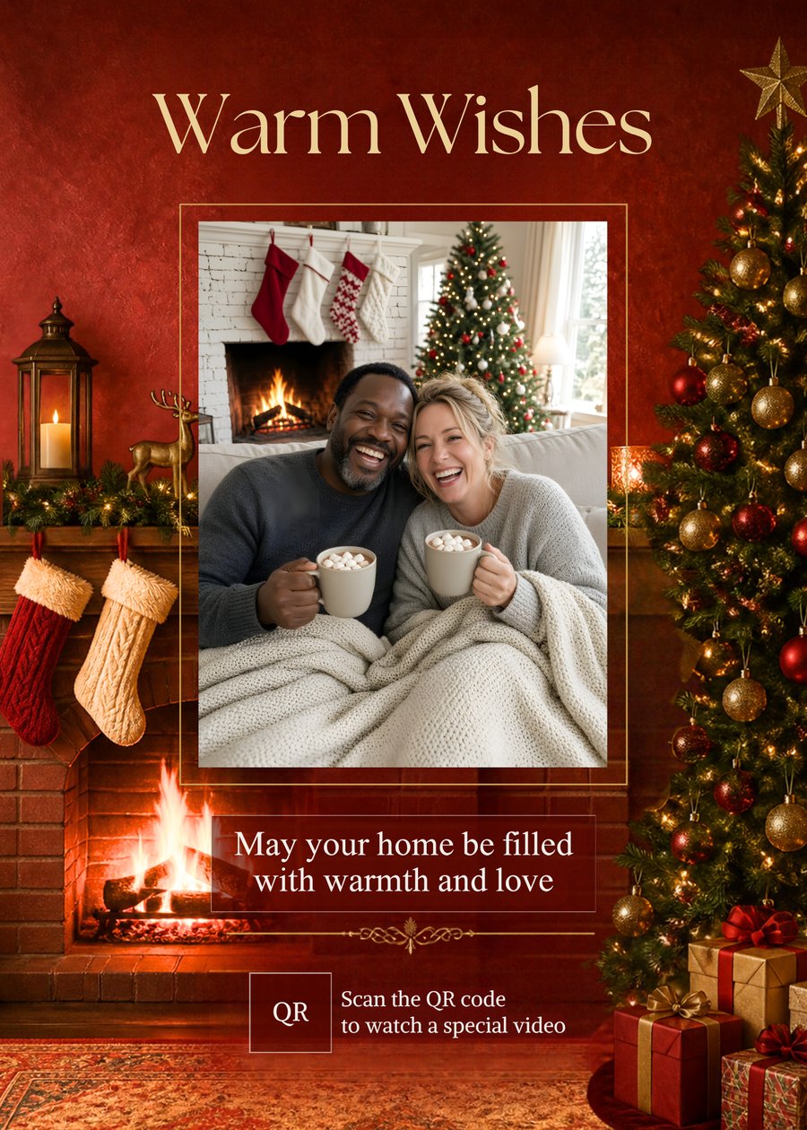Warm Wishes Fireplace Christmas card design